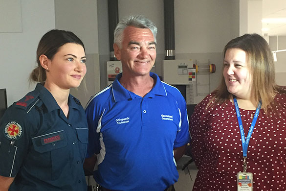 Gold Coast Health Plaster Technician and heart attack survivor Michael Barwon-Parry reunited with QAS Advanced Care Paramedic Jessica Taylor and GCUH Emergency Registrar Dr Megan McGonagle.