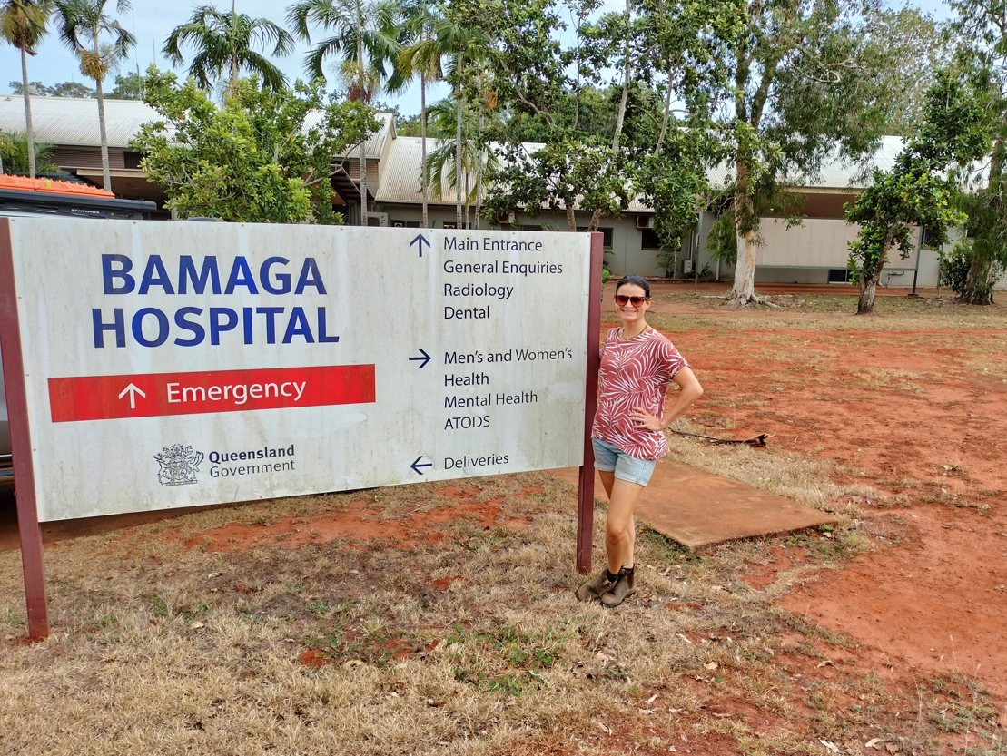 Clare outside Bamaga Hospital