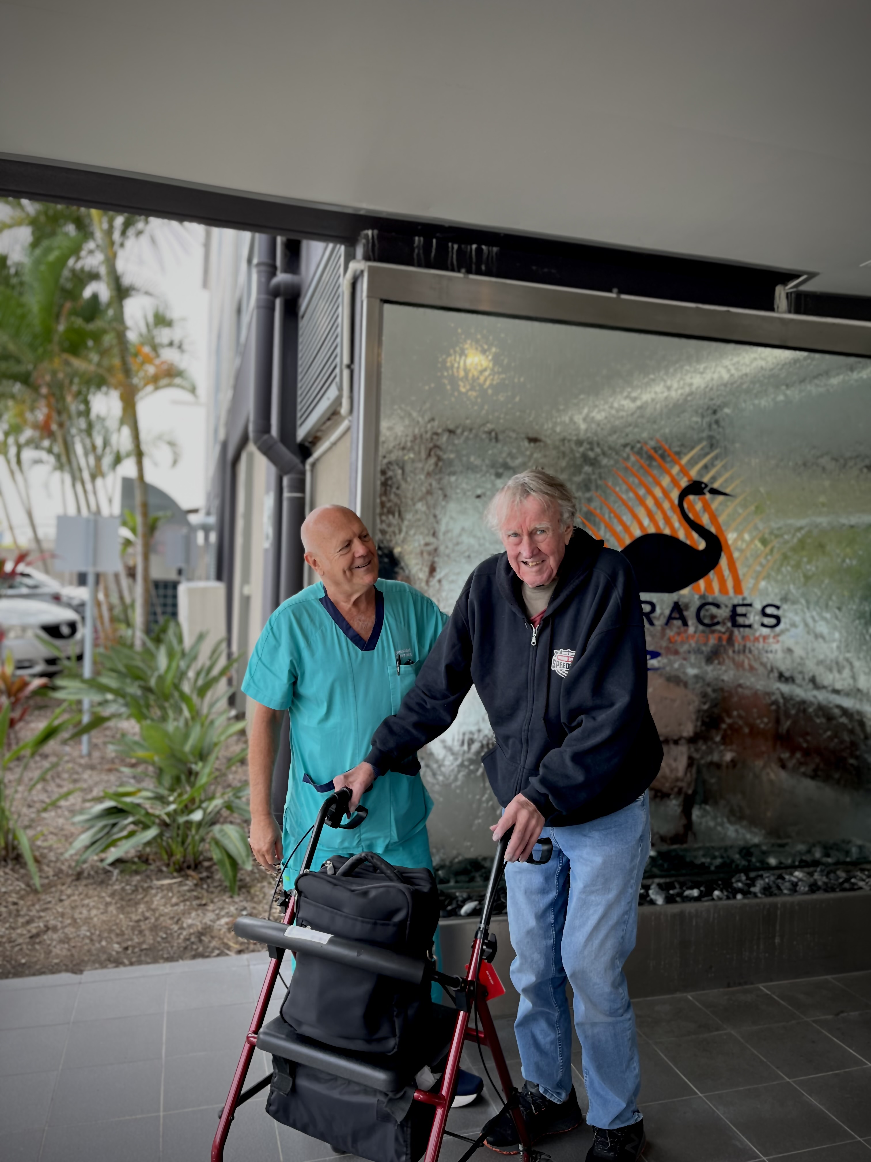 Pictured here is Robina Transfer Unit Enrolled Nurse Stephen James and Gold Coast resident Peter Morris. 