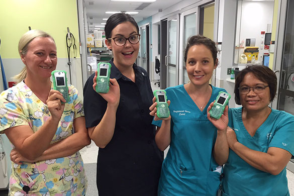 Newborn Care Unit nurses Lynn Little, Caitlin McGuire, Zani Lee and Mela Sinnung with the customised technology. Newborn Care Unit nurses Lynn Little, Caitlin McGuire, Zani Lee and Mela Sinnung with the customised technology.