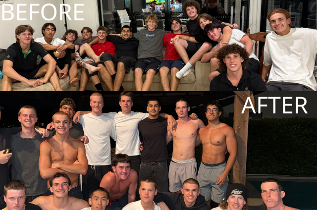 Group of boys smiling before and after shaving their heads for charity