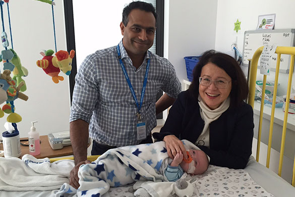 Gold Coast Health Paediatric Surgeons Dr Nada Sudhakaran and Dr Deborah Bailey with one of their little patients, six-month-old Lucas Stephens. Gold Coast Health Paediatric Surgeons Dr Nada Sudhakaran and Dr Deborah Bailey with one of their little patients, six-month-old Lucas Stephens.